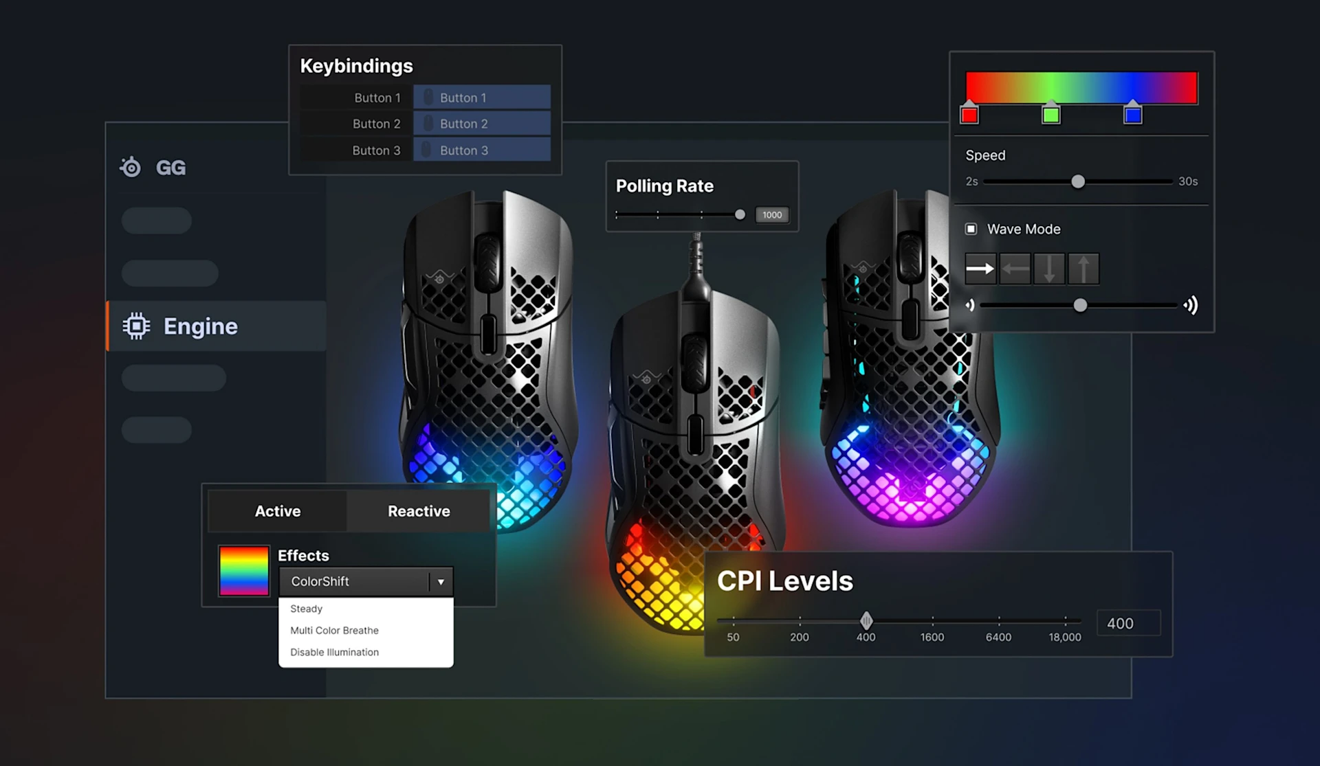 Engine software-interface met alle muizeninstellingen zoals RGB, CPI, Keybindings en Polling Rate.