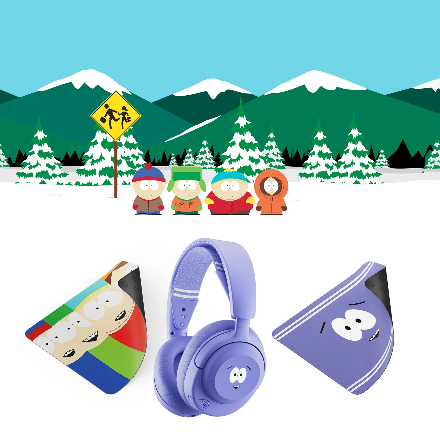 Limited-edition SteelSeries x South Park gaming gear design featuring characters Stan, Kyle, Cartman, and Kenny standing in the snow against a mountain backdrop.