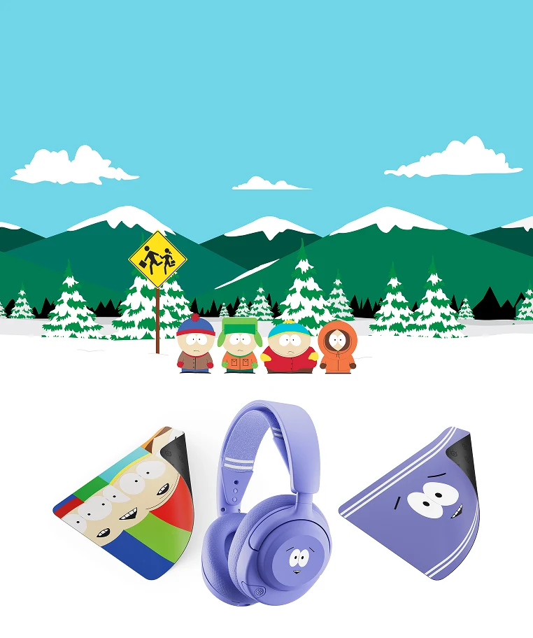 Limited-edition SteelSeries x South Park gaming gear design featuring characters Stan, Kyle, Cartman, and Kenny standing in the snow against a mountain backdrop.