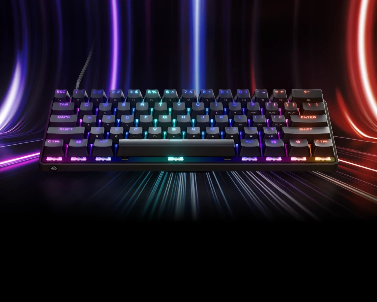 Apex 9 Mini-Tastatur auf schwarzem Hintergrund mit bunten Neon-Linien