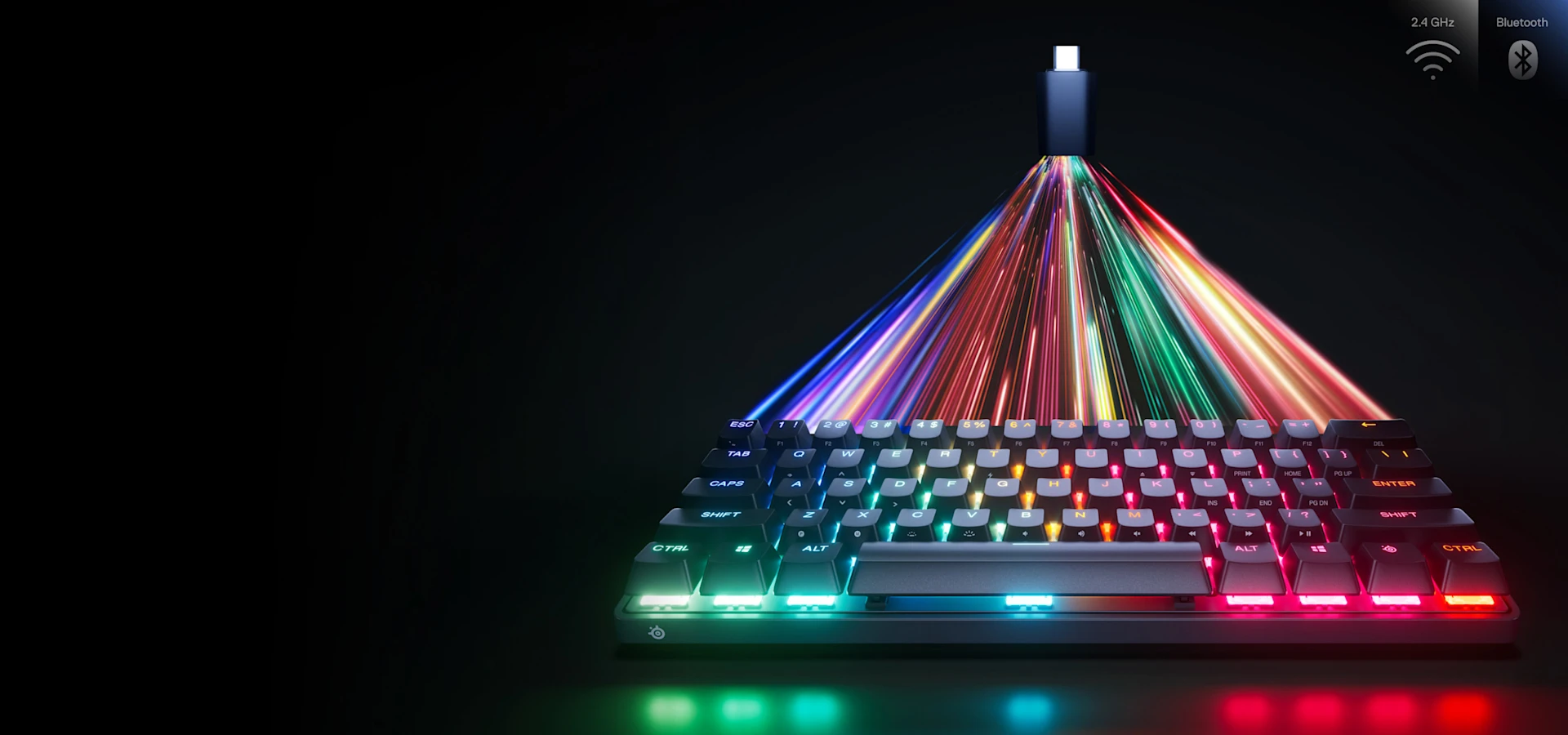 apex pro mini wierelsss, avec plusieurs couleurs en rgb, connecté par les lumières avec stick usb.