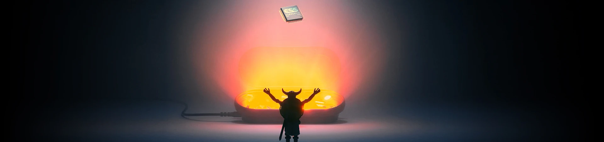 A small horned figure worships a glowing orange box, with a game cartridge levitating above it in a dark, mystical setting.
