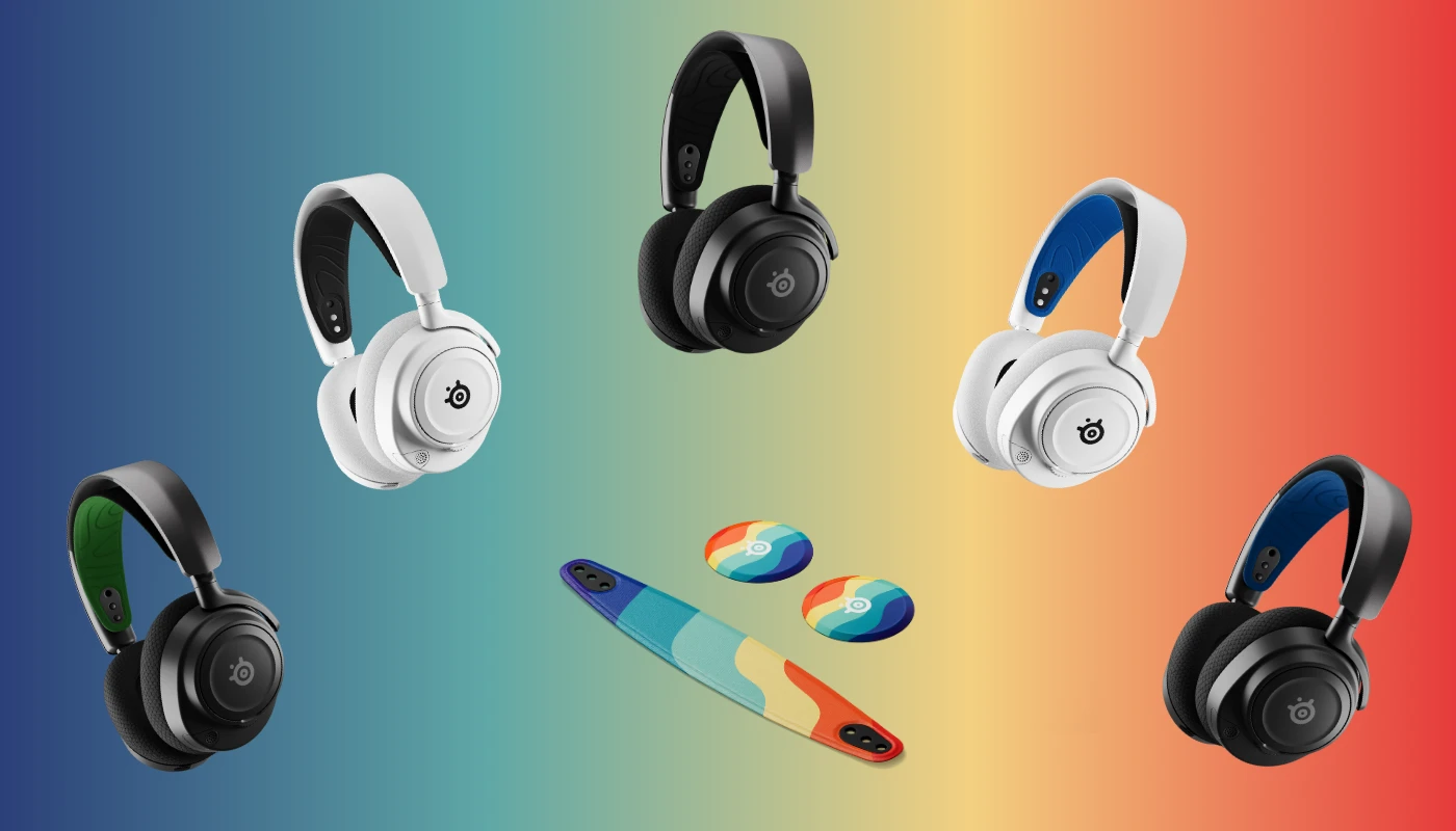 An image of the 5 Arctis Nova Headsets 7 and the pride booster pack
