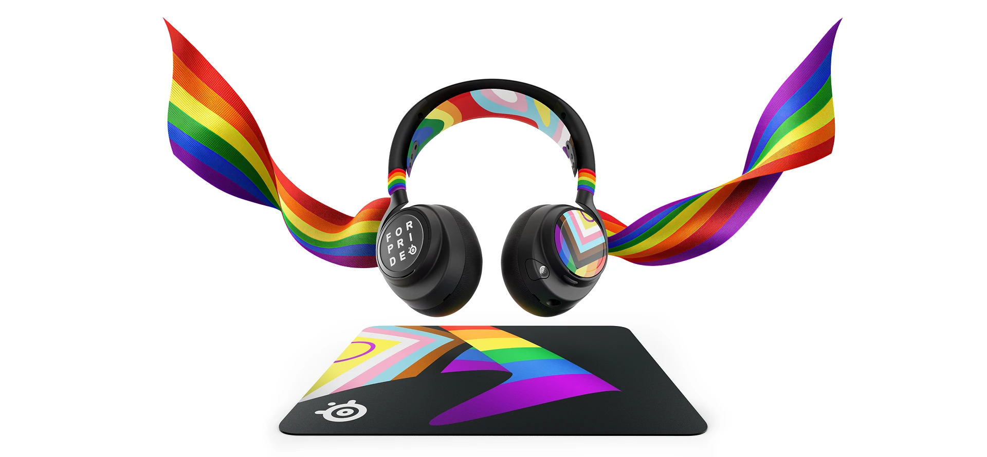Arctis Nova gaming headset and QcK mousepad with limited edition 2026 Pride Month rainbow booster pack accessories.
