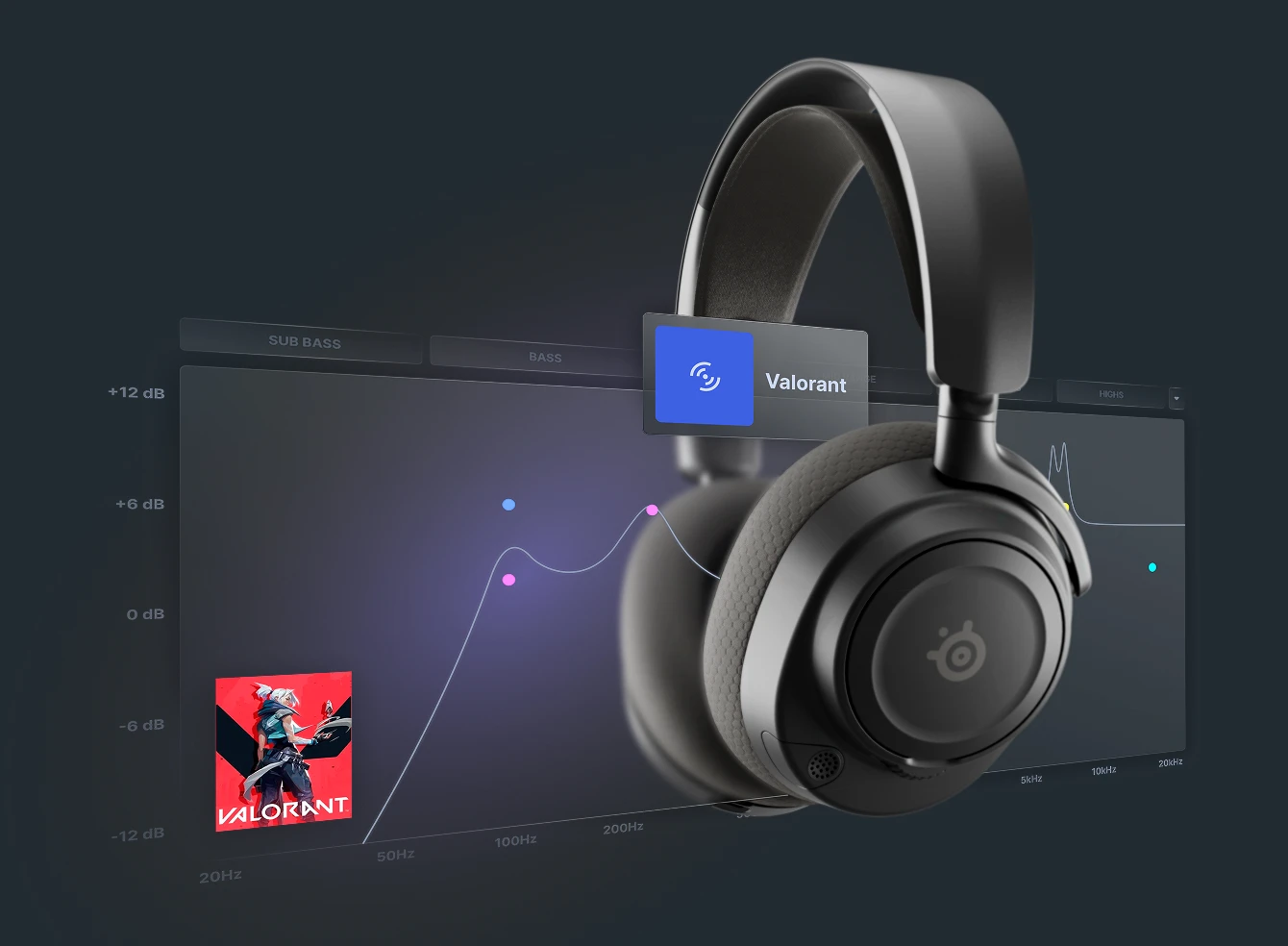 A SteelSeries gaming headset shown next to a digital equalizer interface. A "Valorant" preset badge and game icon are visible, illustrating game-specific audio tuning.