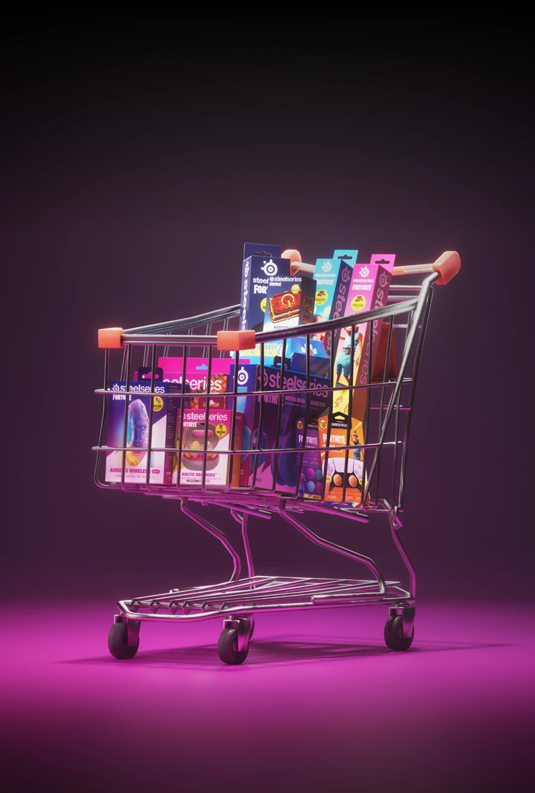 Shopping cart filled with packaged SteelSeries Fortnite collection gaming gear against a purple background.