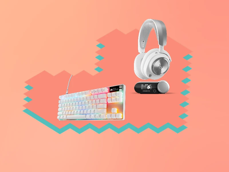 An image of a pink pixelated heart with an Arctis Nova Pro Wireless white and Apex Pro TKL Gen 3 white keyboard on top.