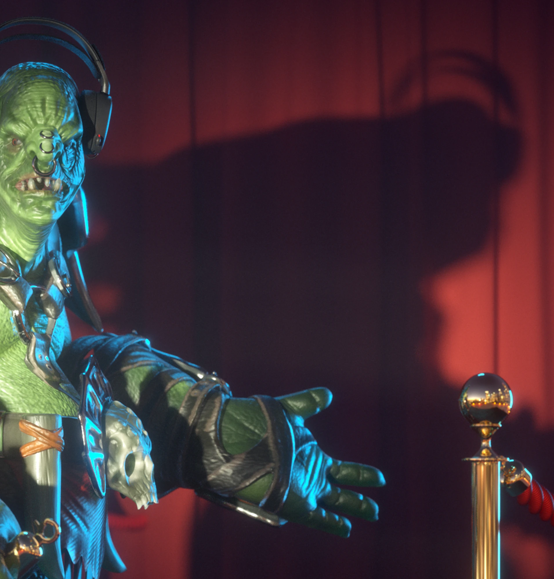 A green orc in spiky armor and headphones gestures welcomingly past a red velvet rope, with its shadow cast on a red curtain behind it.