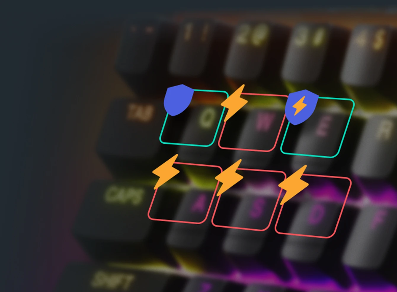 Primo piano di una tastiera meccanica da gioco retroilluminata con icone sui tasti QWE e ASD. Gli scudi blu e i fulmini arancioni rappresentano le assegnazioni personalizzate dei tasti.