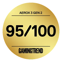 Złota okrągła plakietka z napisem „AEROX 3 GEN 2” u góry, dużą oceną „95/100” pośrodku i logo „GAMINGTREND” na dole.
