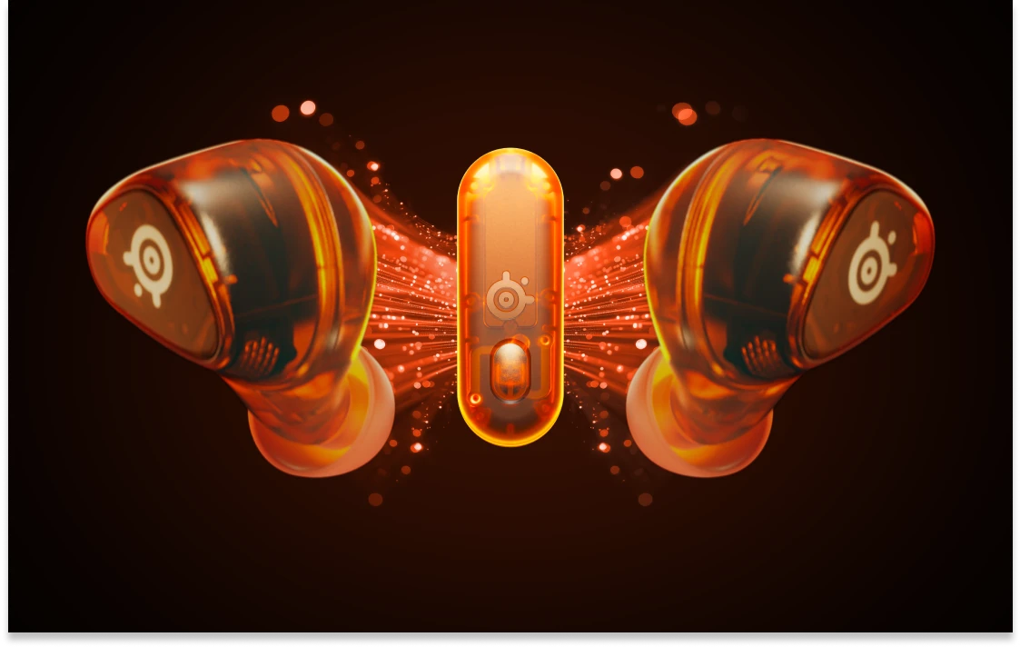 Um par de fones de ouvido arctis Gamebuds conectados por um brilho verde deslumbrante com um dongle, sugerindo uma conexão rápida de 2,4 GHz