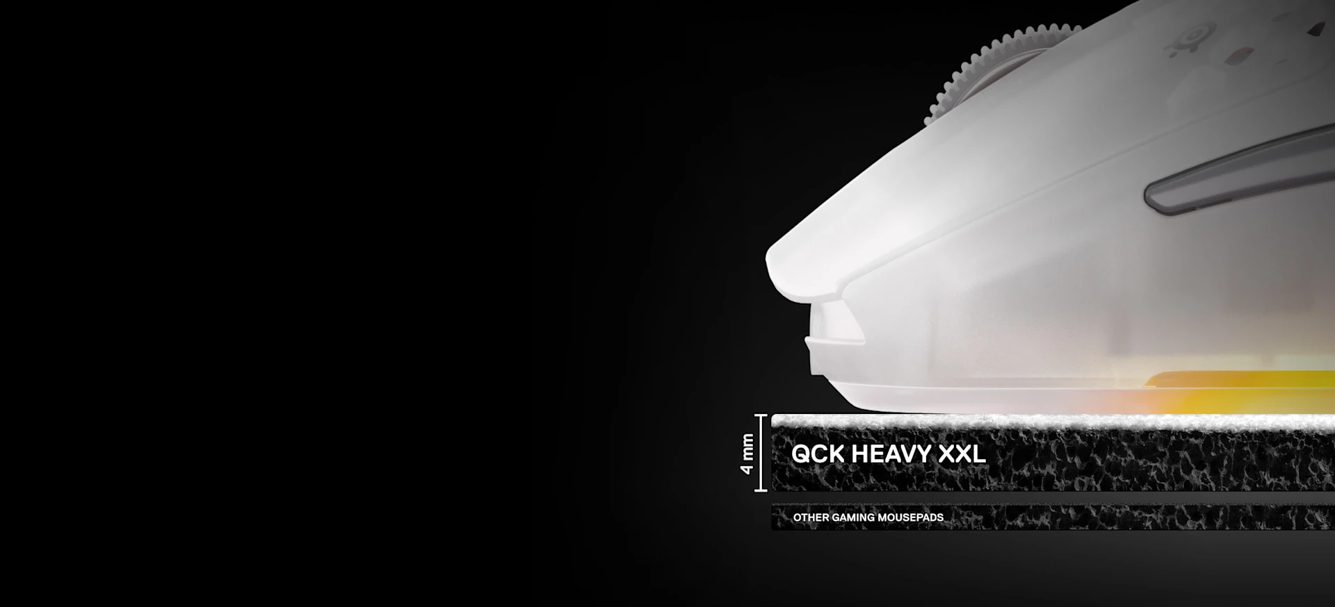 A close-up side view showing the 4mm thickness of the SteelSeries QcK Heavy XXL mousepad compared to thinner standard pads, with a white gaming mouse resting on top.