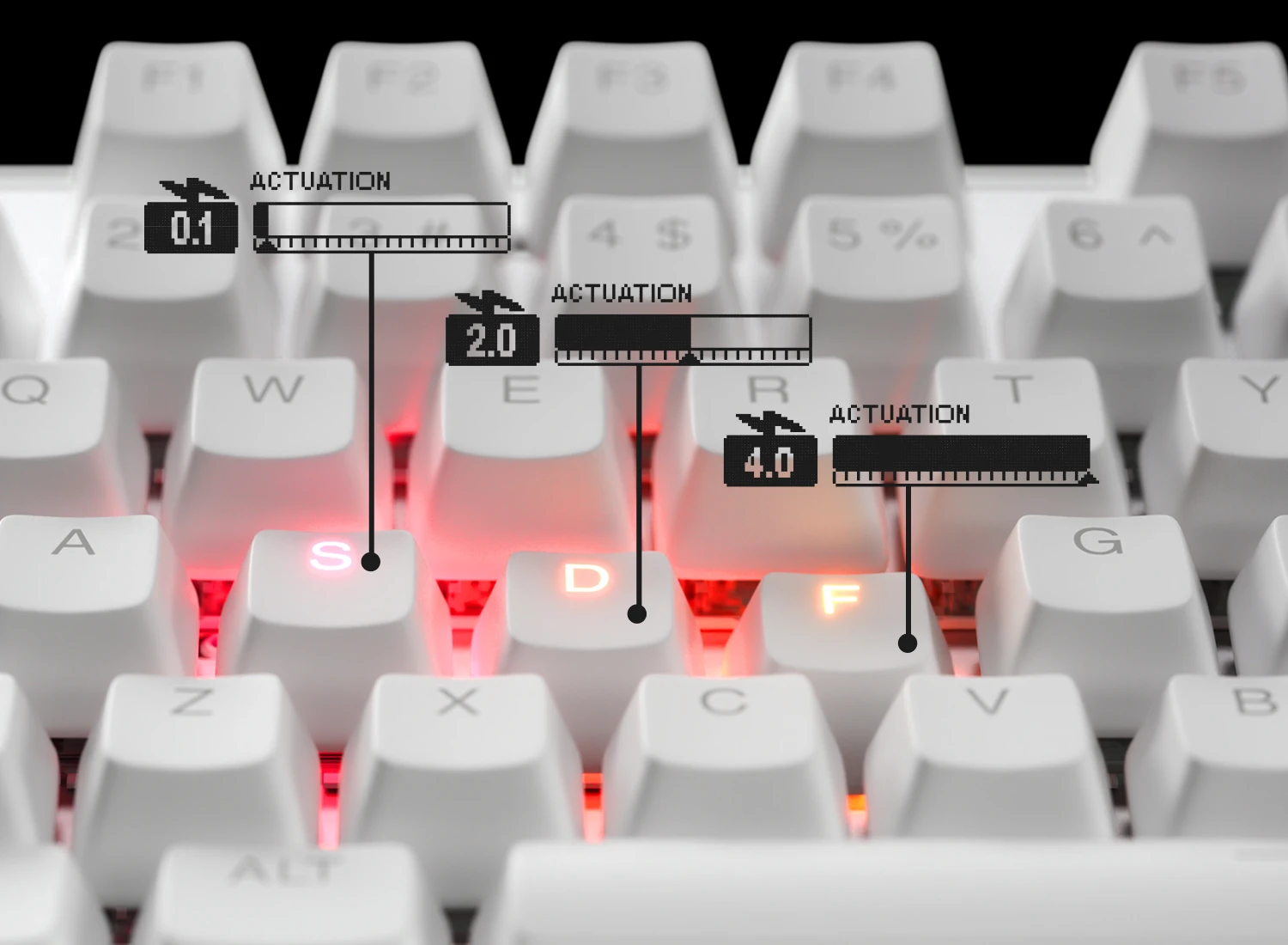 Close-up of SteelSeries Apex Pro gaming keyboard highlighting adjustable OmniPoint switches with millimeter actuation diagrams for S, D, and F keys.