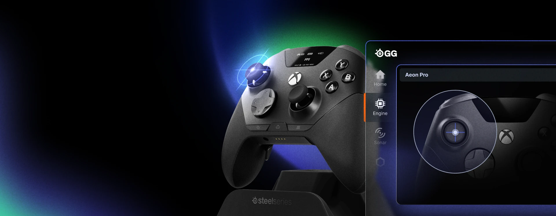 Eine Nahaufnahme des SteelSeries Aeon Pro-Controllers, die seine anpassbaren Tasten und das modulare Design zeigt.