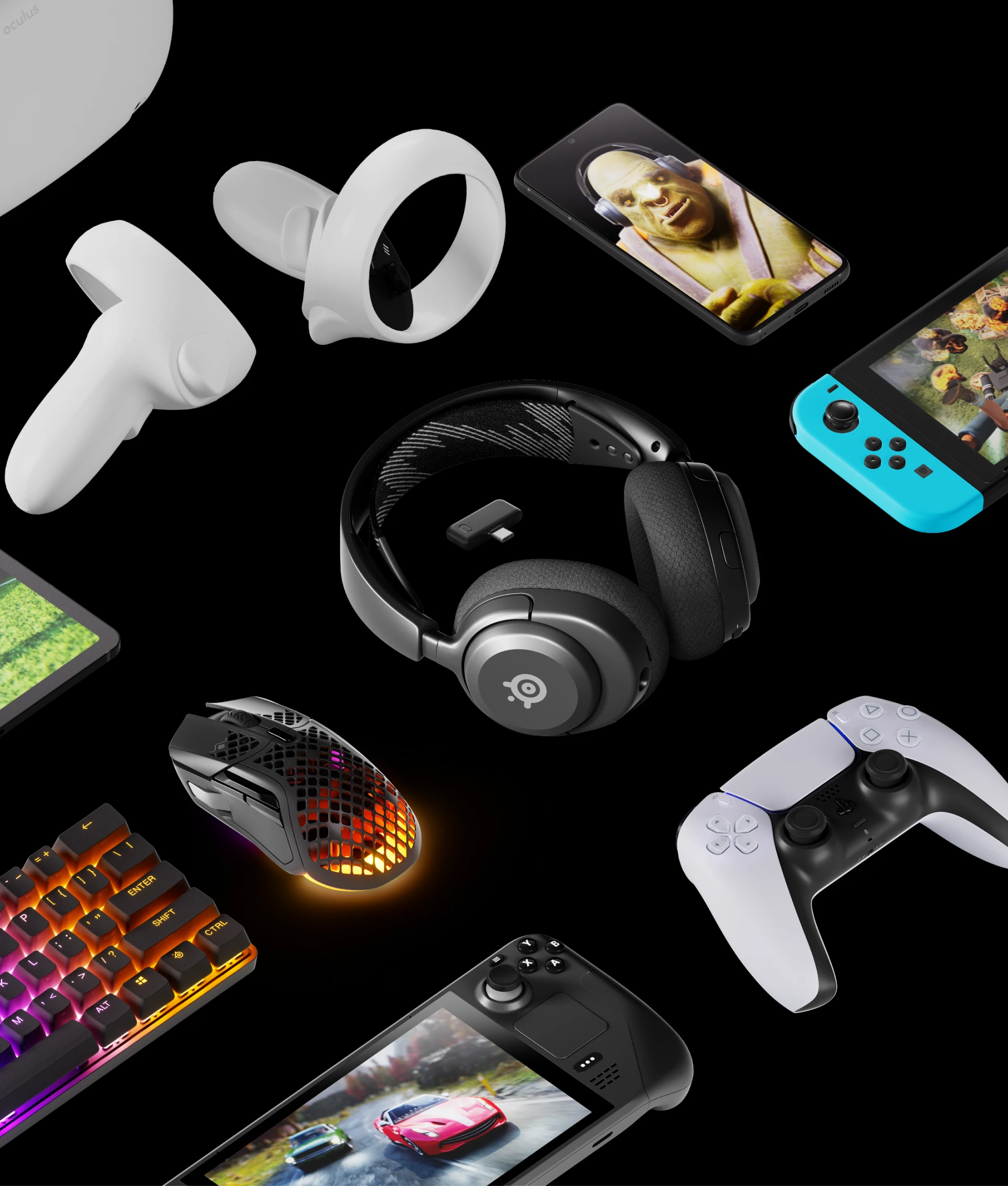 A view of Arctis Nova 4 Headset in the center with steelseries keyboard mice and a tablet on the left, VR Controlers and smartphone at the top, a Nintendo Switch on the right and one PS5 and PS4 controllers at the bottom.