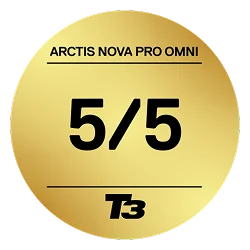 A gold circular badge featuring the text “ARCTIS NOVA PRO OMNI” at the top, a large “5/5” rating in the center, and the “T3” logo at the bottom.