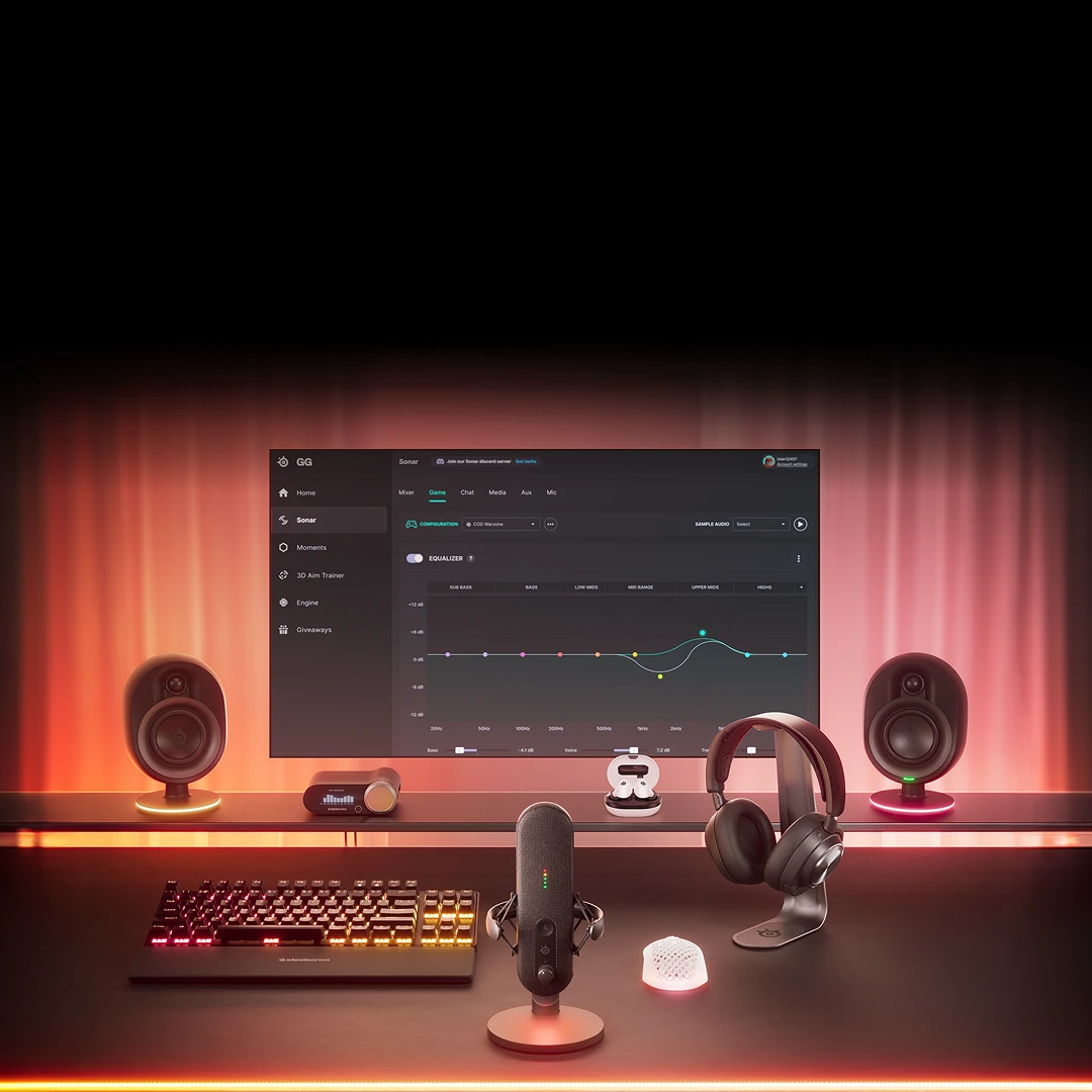 An image of assorted SteelSeries gear with a computer monitor screen that is displaying GG software customization.