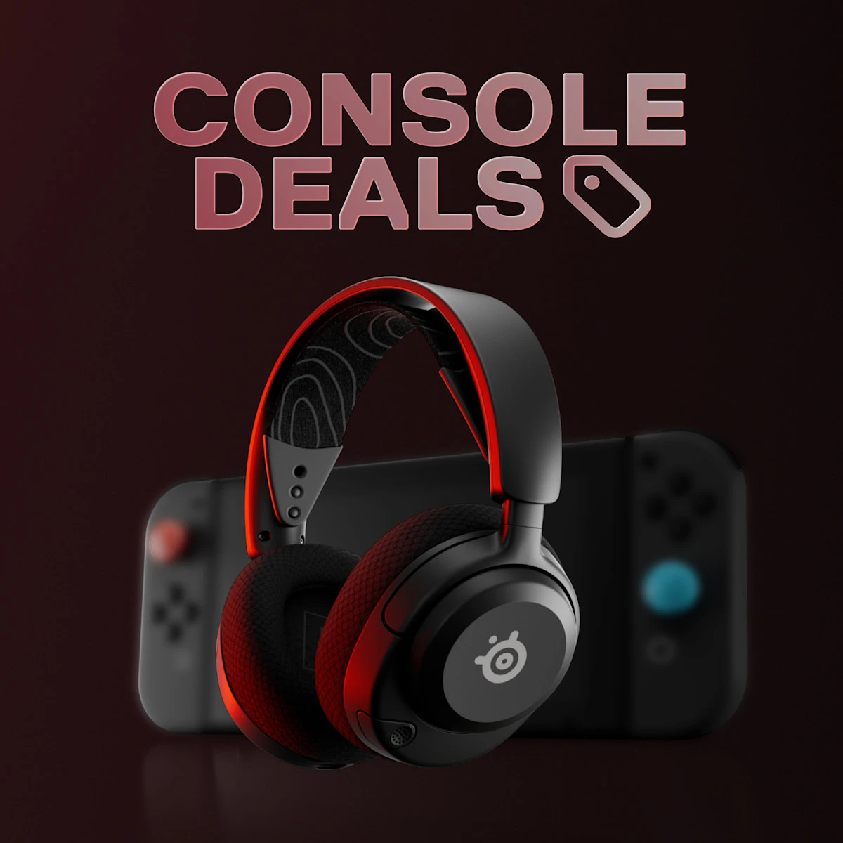 Un casque de jeu Arctis Nova présenté devant une Nintendo Switch, avec un texte en gras indiquant "Console Deals" à côté.