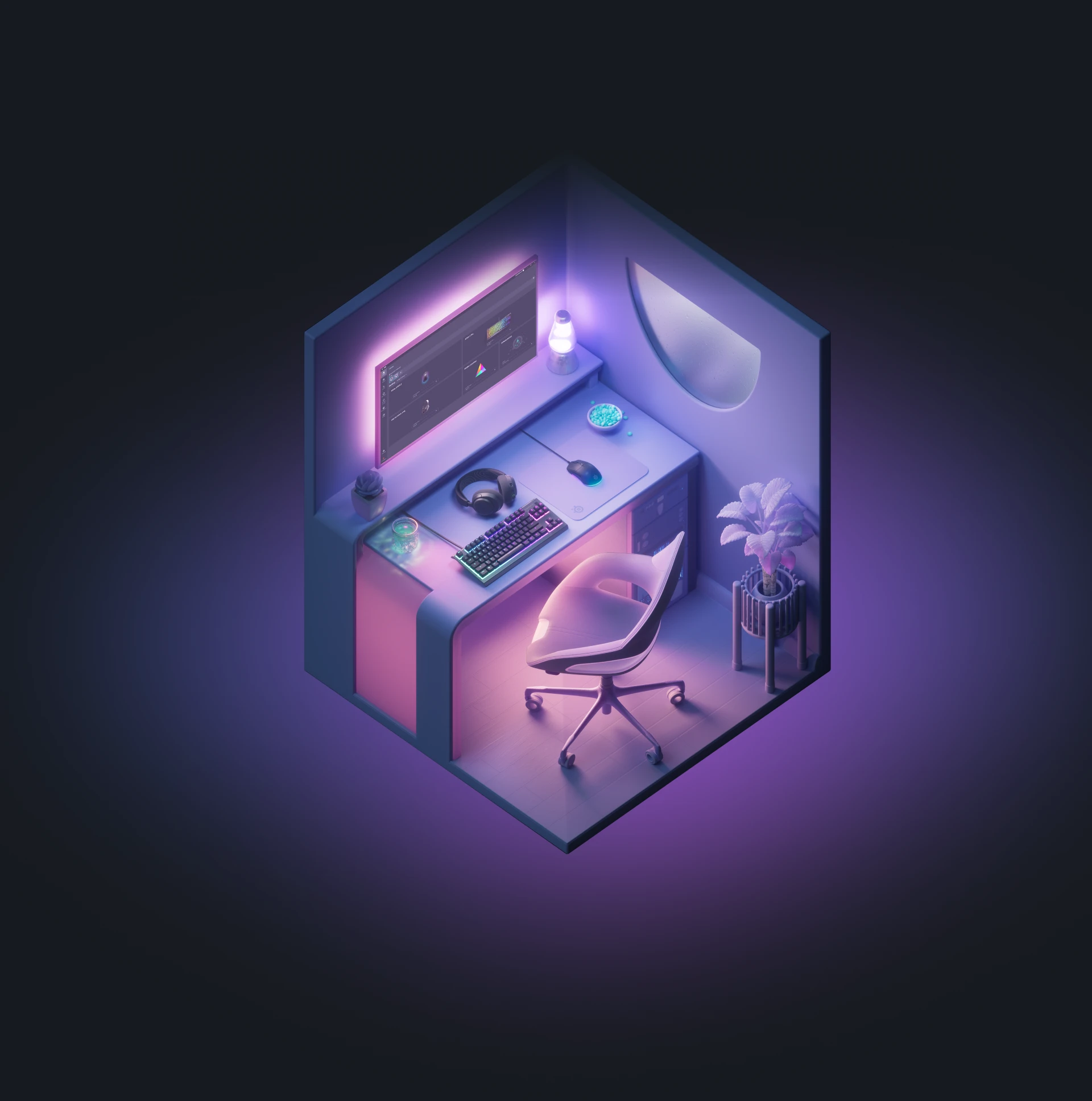 Gaming desk and setup in 3D with a purple RGB lightning