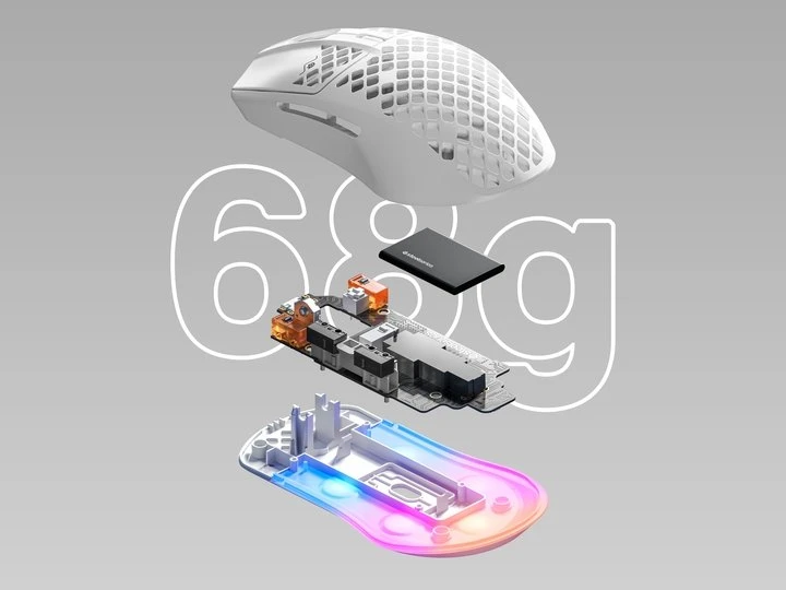 Ratón Aerox 3 Wireless 2022, con todas las piezas mostradas verticalmente. El texto detrás de la imagen dice "68 g".