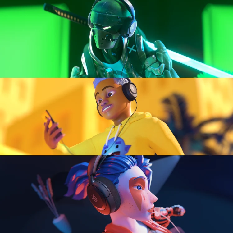 A picture of 3 different fictional characters using Arctis Nova 1 on different platforms.