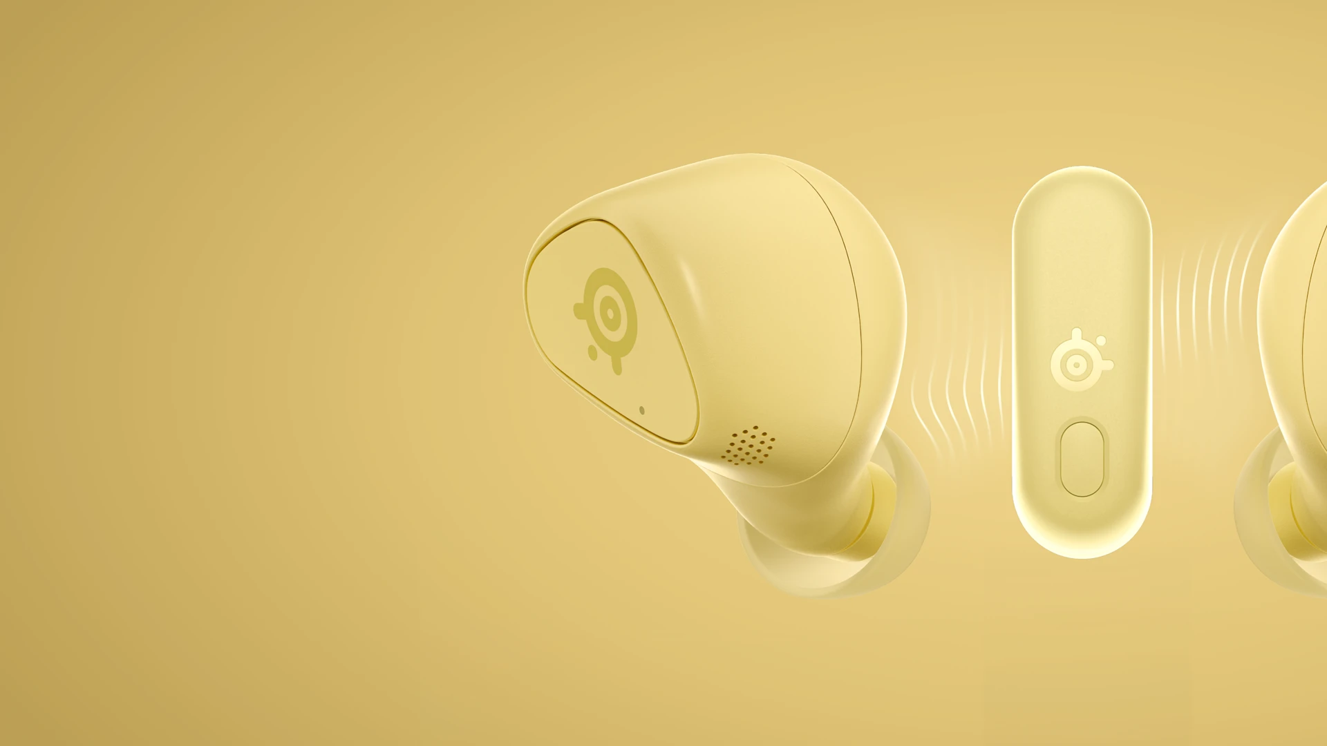 SteelSeries Arctis GameBuds（ゆず色）の画像。Xbox用ワイヤレスイヤホンとUSB-Cトランスミッターが写っている。