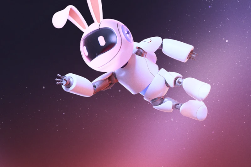 An image of Buddy the Robot with bunny ears floating through space with a purple and pink gradient background.