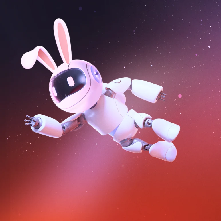 Een afbeelding van Buddy de robot met konijnenoren die door de ruimte zweeft tegen een paars-roze achtergrond met kleurverloop.