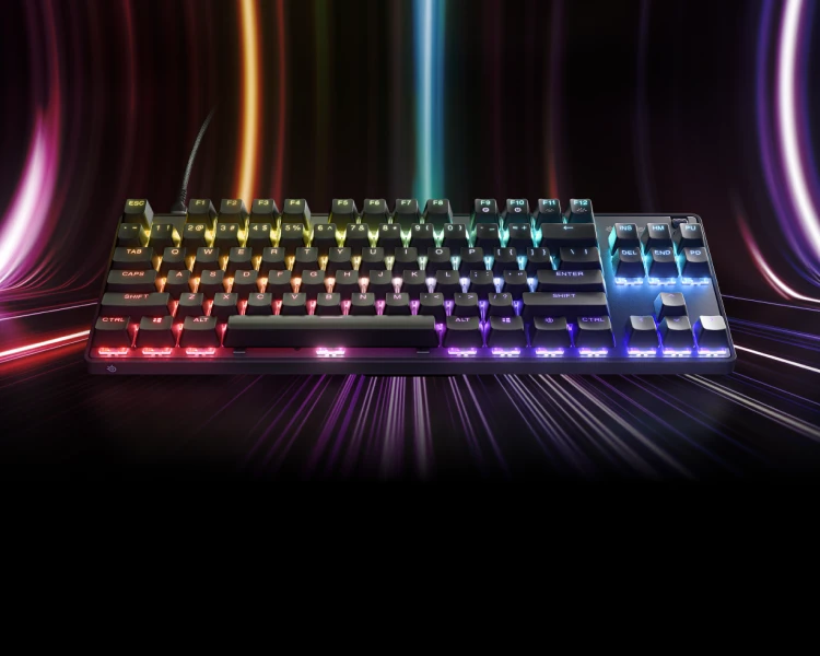 Apex 9 keyboard on a black background with colorful neon lights