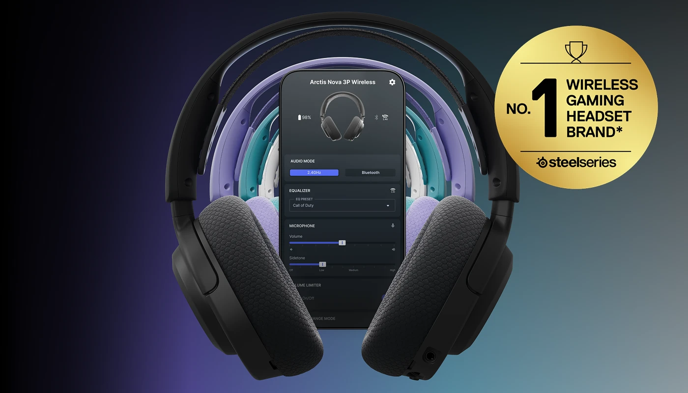 An image of the Nova 3 Wireless family with a phone display, showcasing the Arctis Companion App. A Gold badge displays the text: "No. 1 Wireless Gaming Headset Brand".