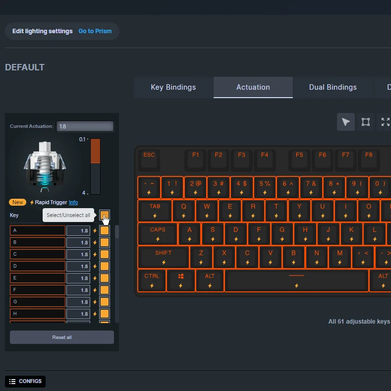 All keyboard keys are selected and highlighted in red in Engine software interface.