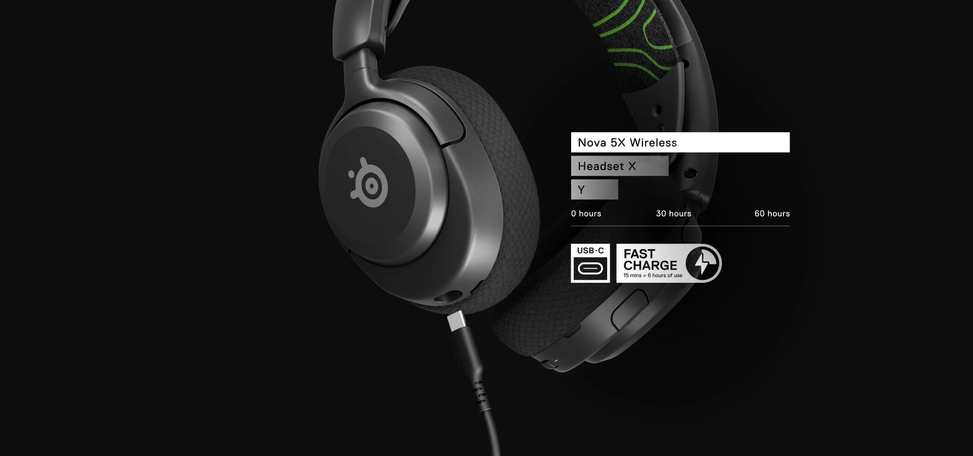 Stora Arctis Nova 5-hörlurar med synlig information om batteritid.