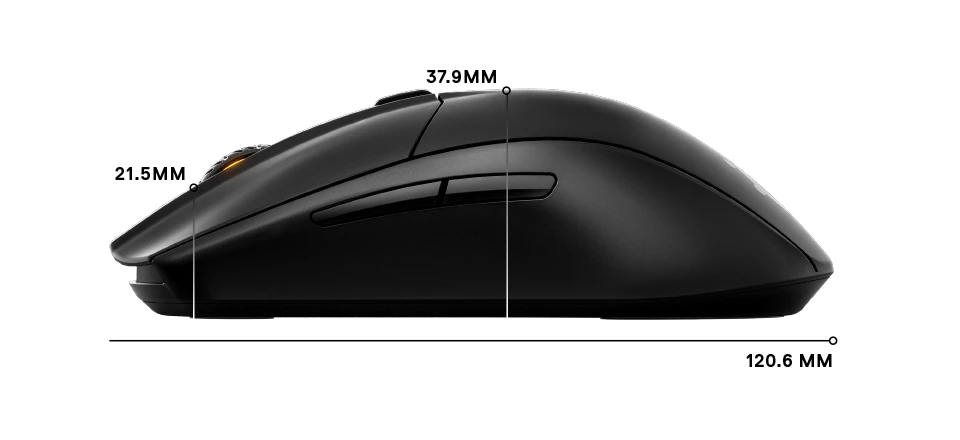 Dimensions latérales du Rival 3 Wireless : longueur 120,6 mm, hauteur avant 21,5 mm, hauteur intermédiaire 37,9 mm