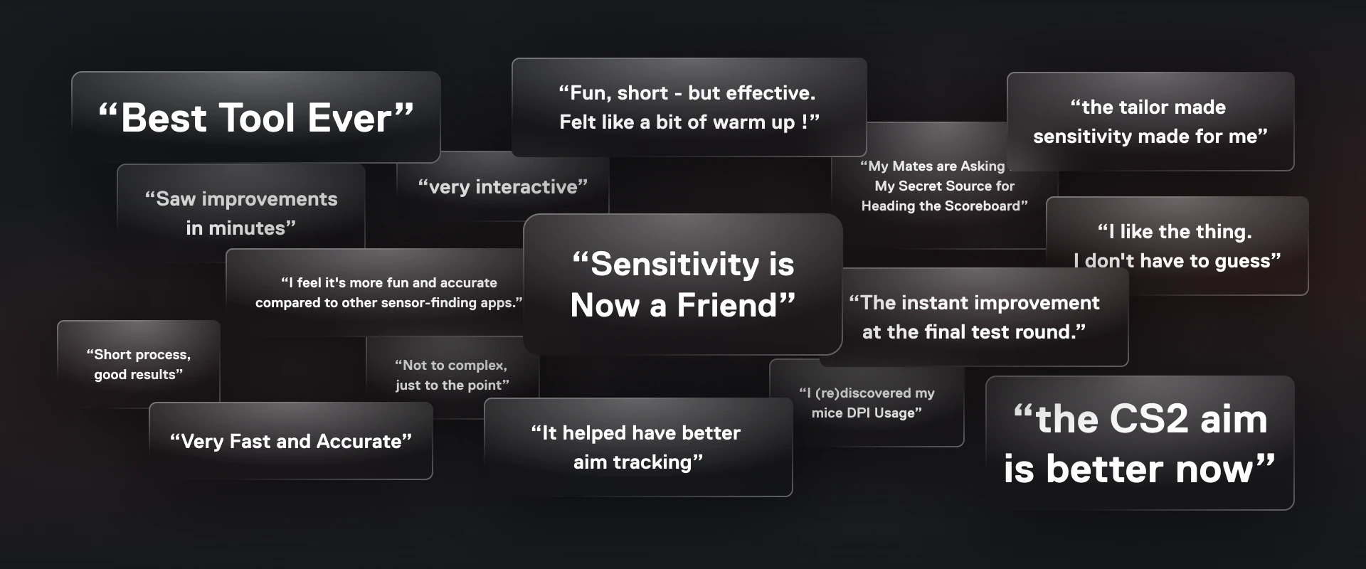 Collage of gamer quotes praising a mouse sensitivity and aim improvement tool.