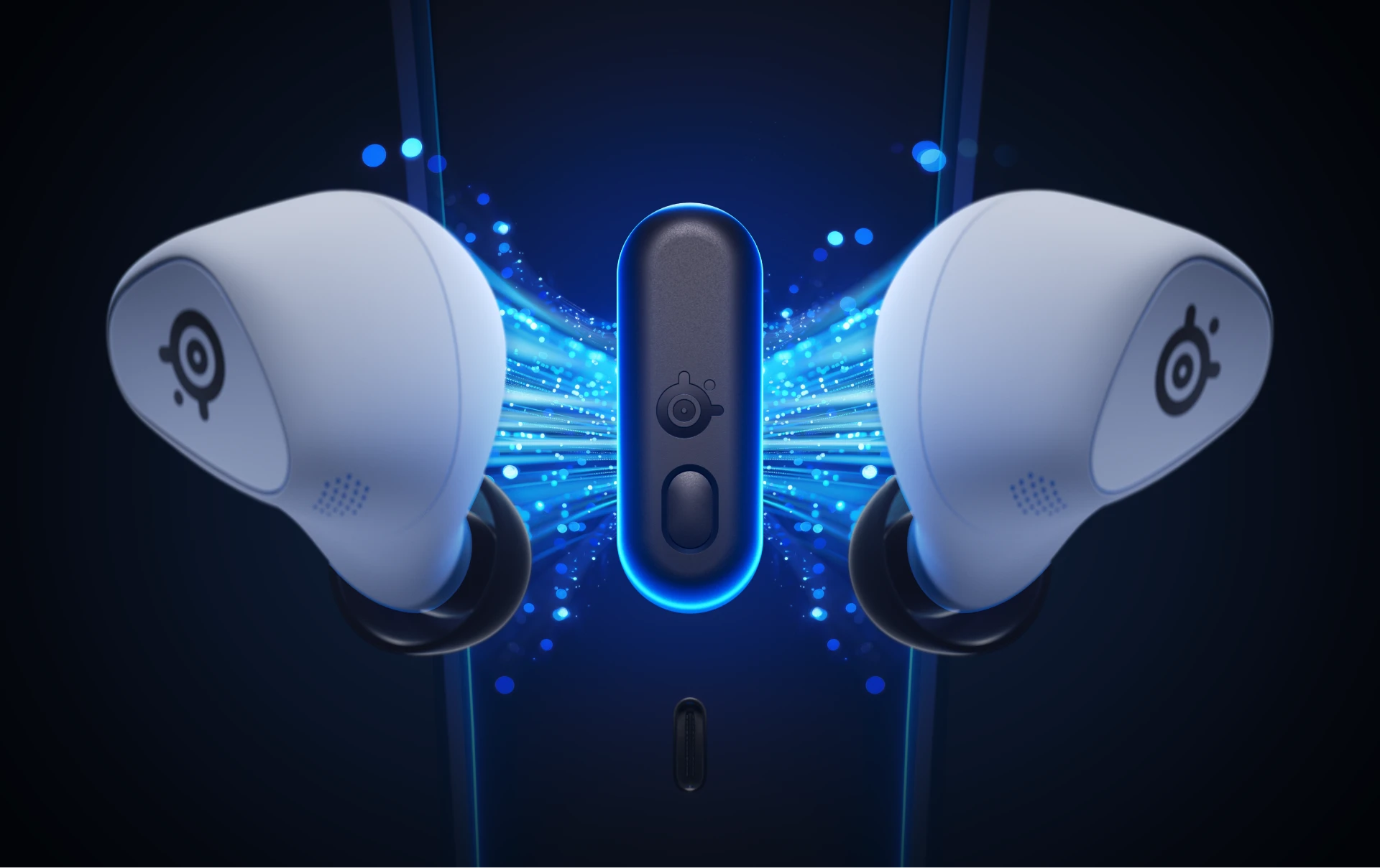 A pair of arctis Gamebuds headphones connected by a dazzling blue glow with a dongle, suggesting a fast 2.4GHz connection