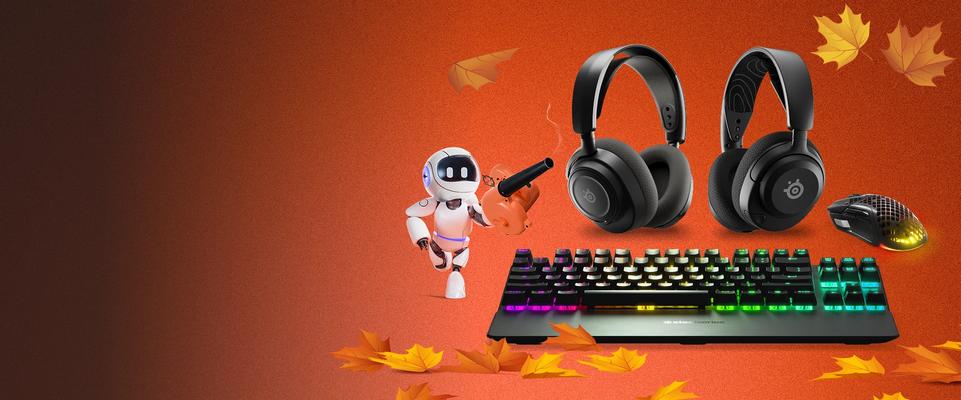 Ett urval av SteelSeries-utrustning avbildad mot en höstlig bakgrund.