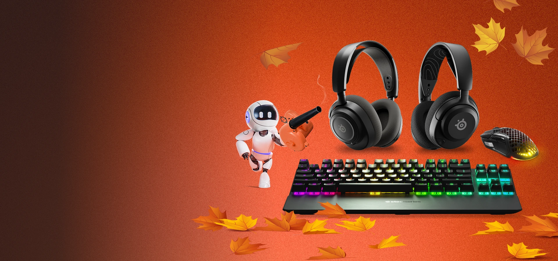 Assortiment d’équipements SteelSeries photographiés sur un fond automnal.