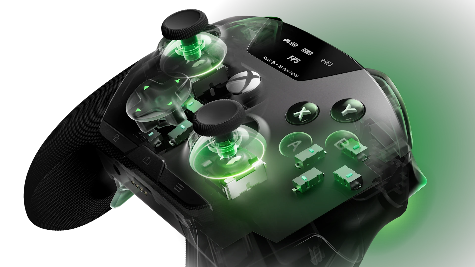 SteelSeries Aeon Pro 无线游戏手柄的透明视图，展示了内部组件、霍尔效应摇杆和 OLED 显示屏。