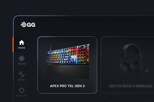 Screenshot of the SteelSeries GG software interface showing the Home tab. An Apex Pro TKL Gen 3 keyboard is selected, next to a blurred Arctis Nova 5 Wireless headset.