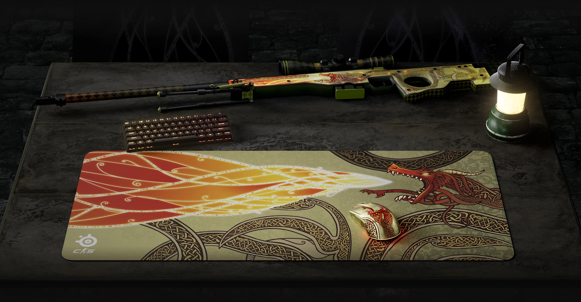 counter strike 2 ποντίκια που βρίσκονται στο mousepad με πληκτρολόγιο και AWP στο παρασκήνιο