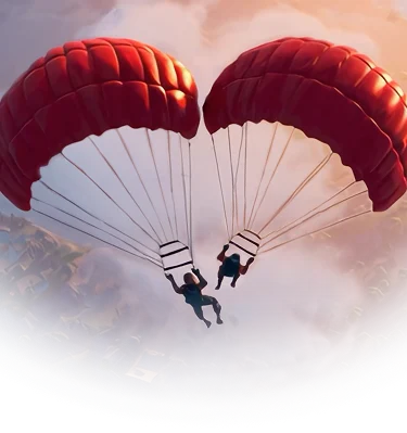An animated scene shows two people with red parachutes forming a heart shape as they glide over a mountainous landscape at sunset, evoking a video game.