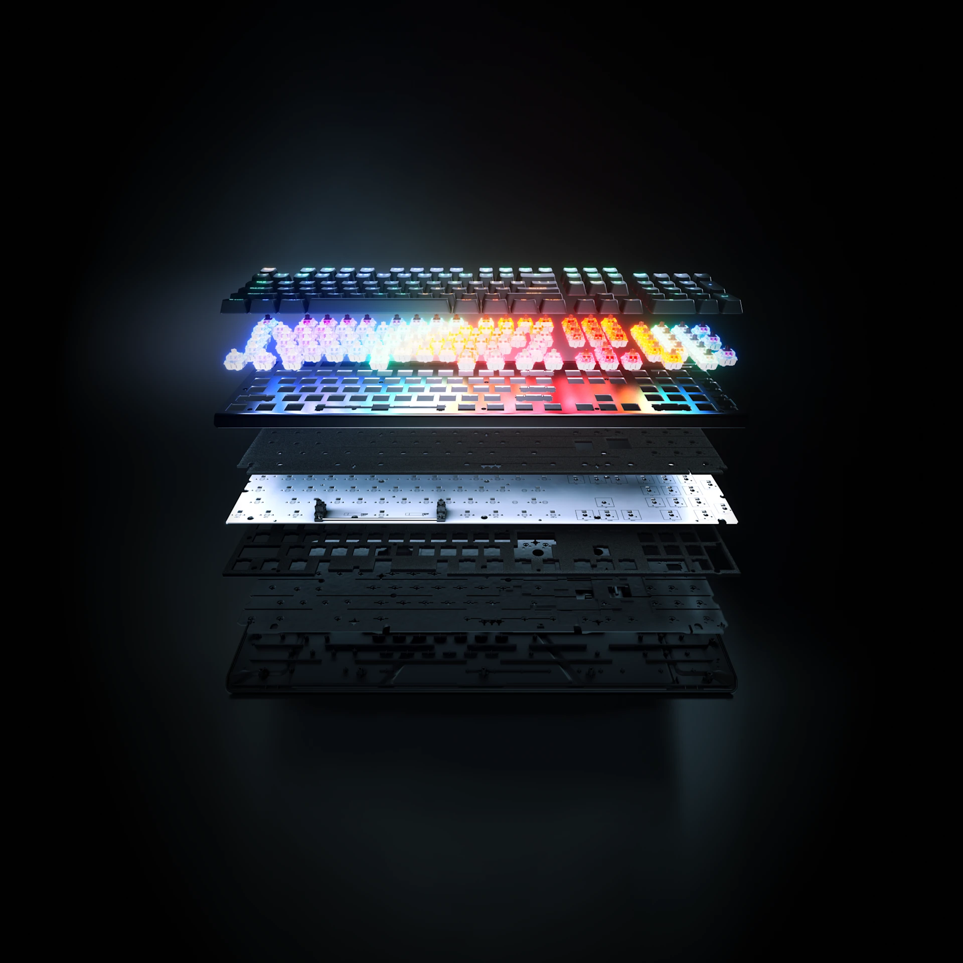 The image shows all the components that make up a complete keyboard.