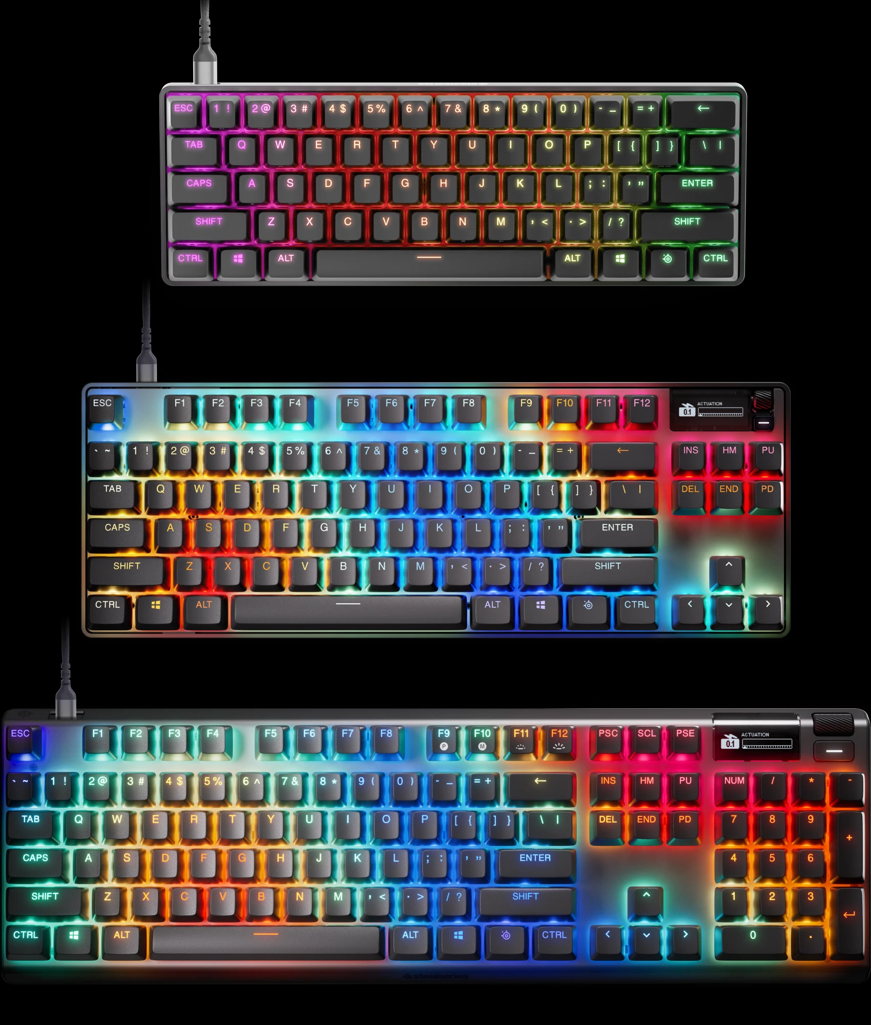 Three types of keyboards displayed in different sizes.