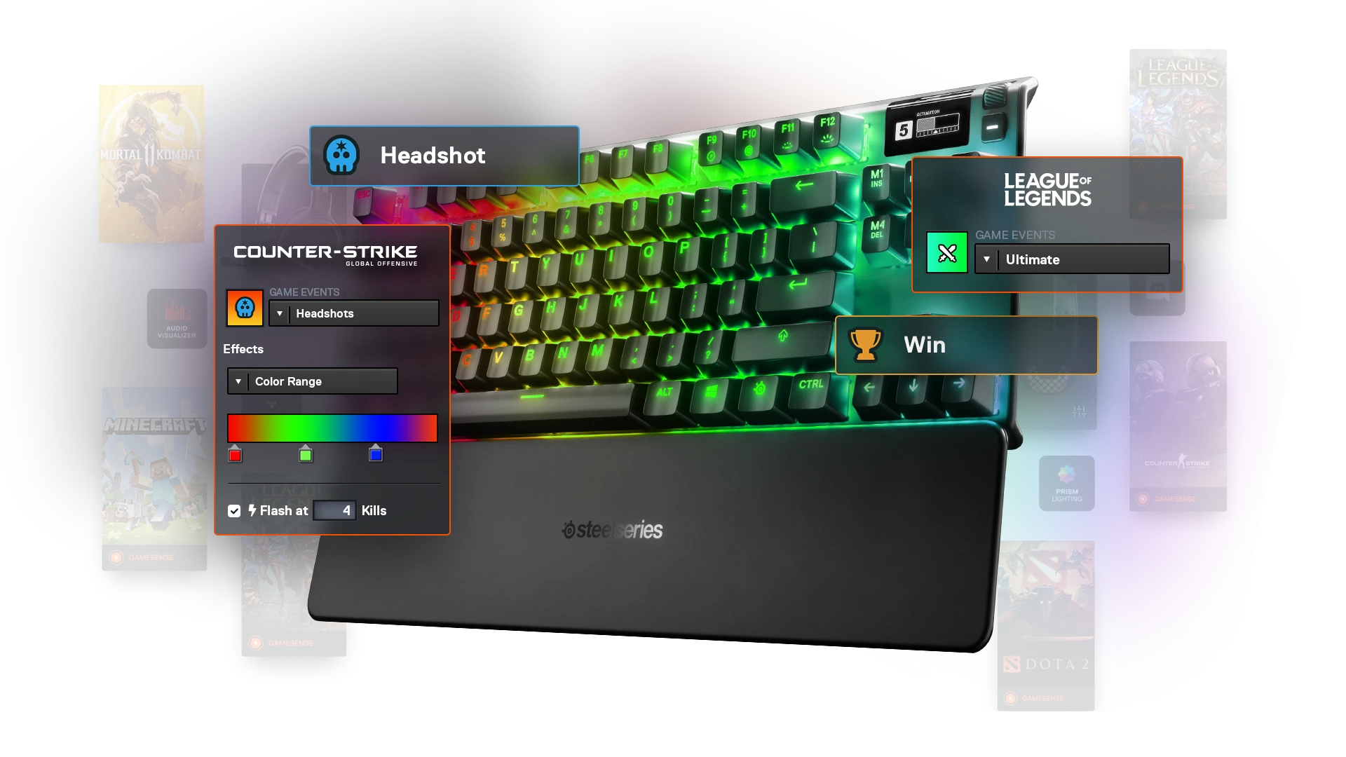  A SteelSeries RGB keyboard with user interface windows showing customizable lighting notifications for in-game events like "Headshot" and "Win."