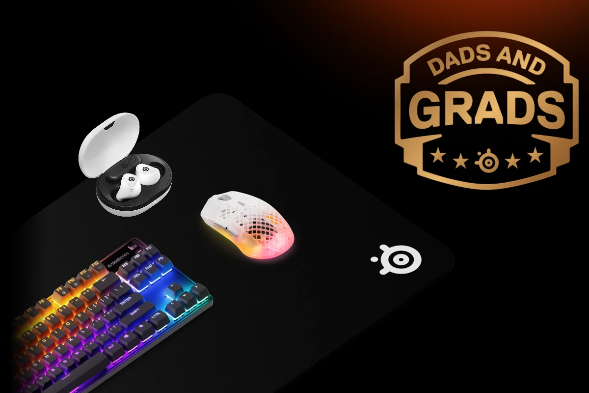 An image of assorted SteelSeries products with text that reads: "DADS AND GRADS".
