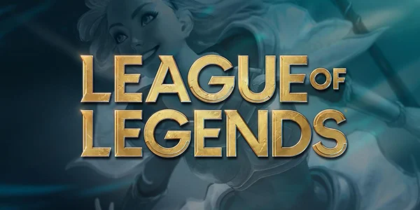 The official logo for the game "League of Legends" is displayed over promotional art of a champion.