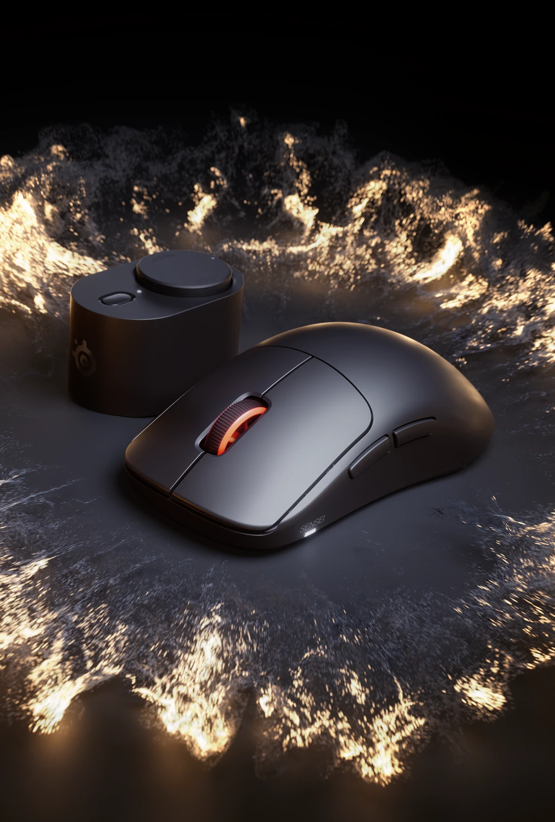 SteelSeries Sensei / Rival gaming mouse shown on a dark, textured surface with a control dial in the background and dramatic warm lighting highlighting the design.