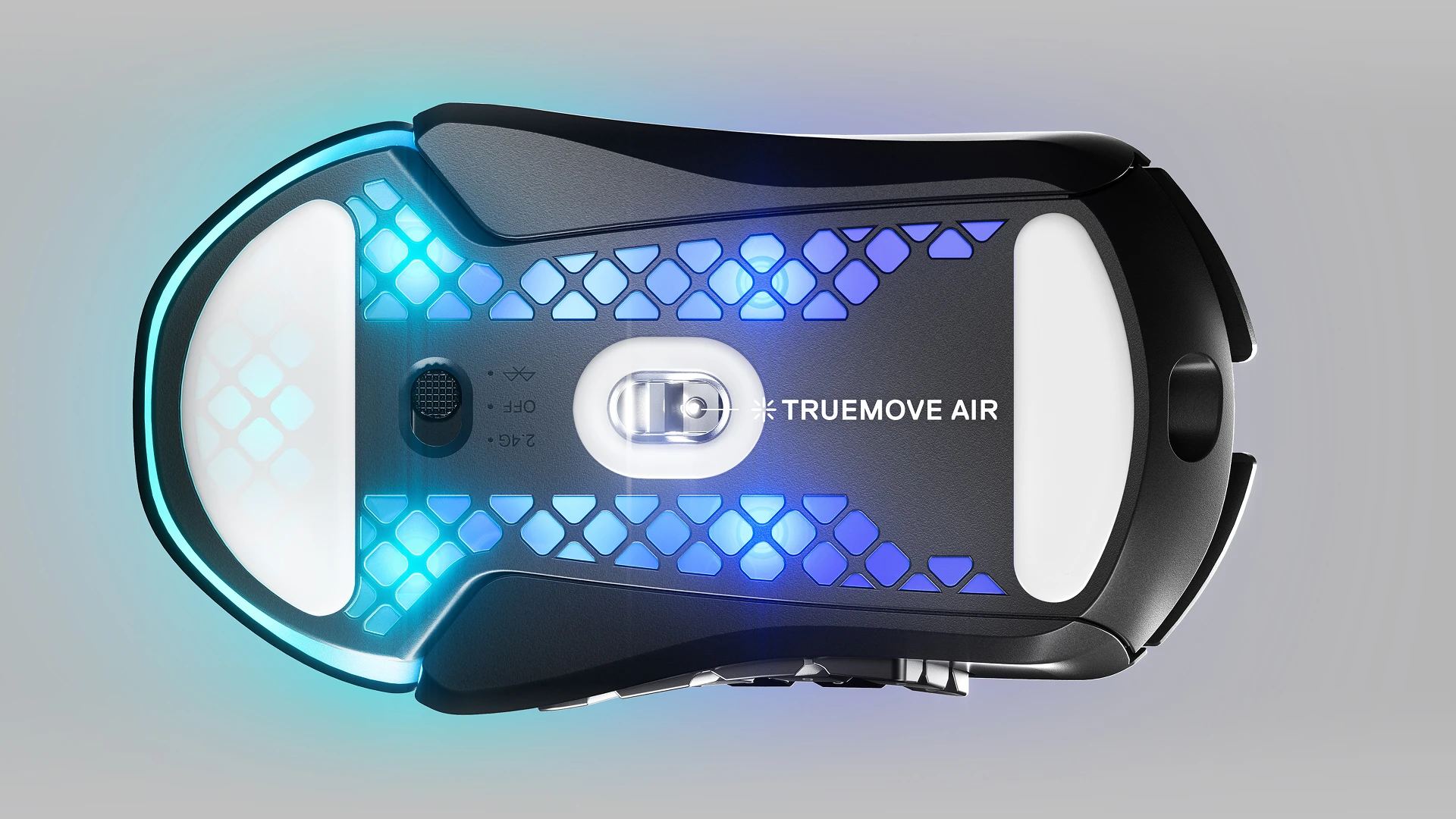 Vista inferior de un ratón Aerox 9 donde podemos ver el sensor TRUEMOVE AIR.