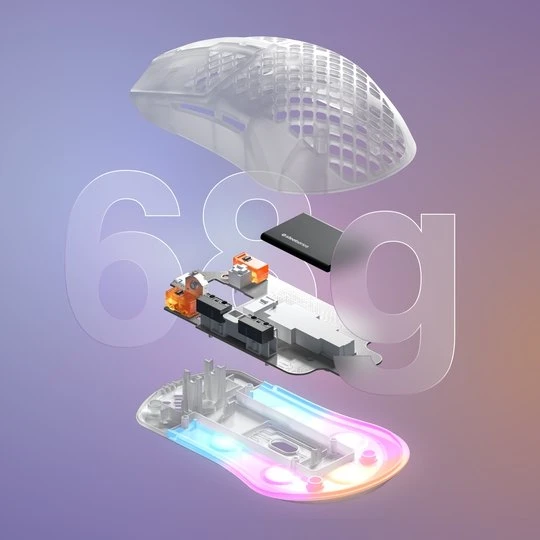 Ratón Aerox 3 Wireless 2022, con todas las piezas mostradas verticalmente. El texto detrás de la imagen dice "68 g".
