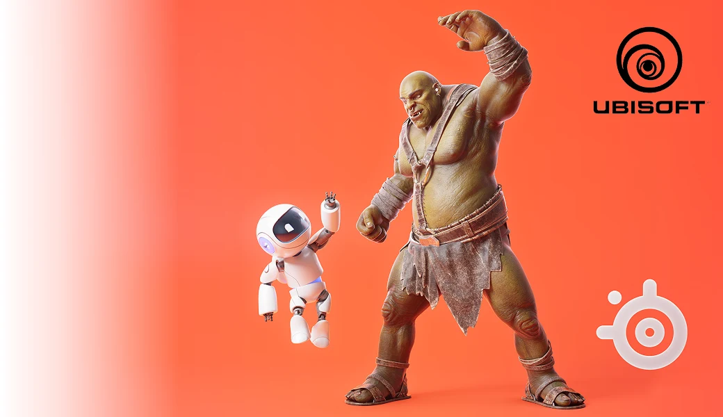 En trold og en robot på en rød-orange baggrund med Ubisoft- og SteelSeries-logoerne.